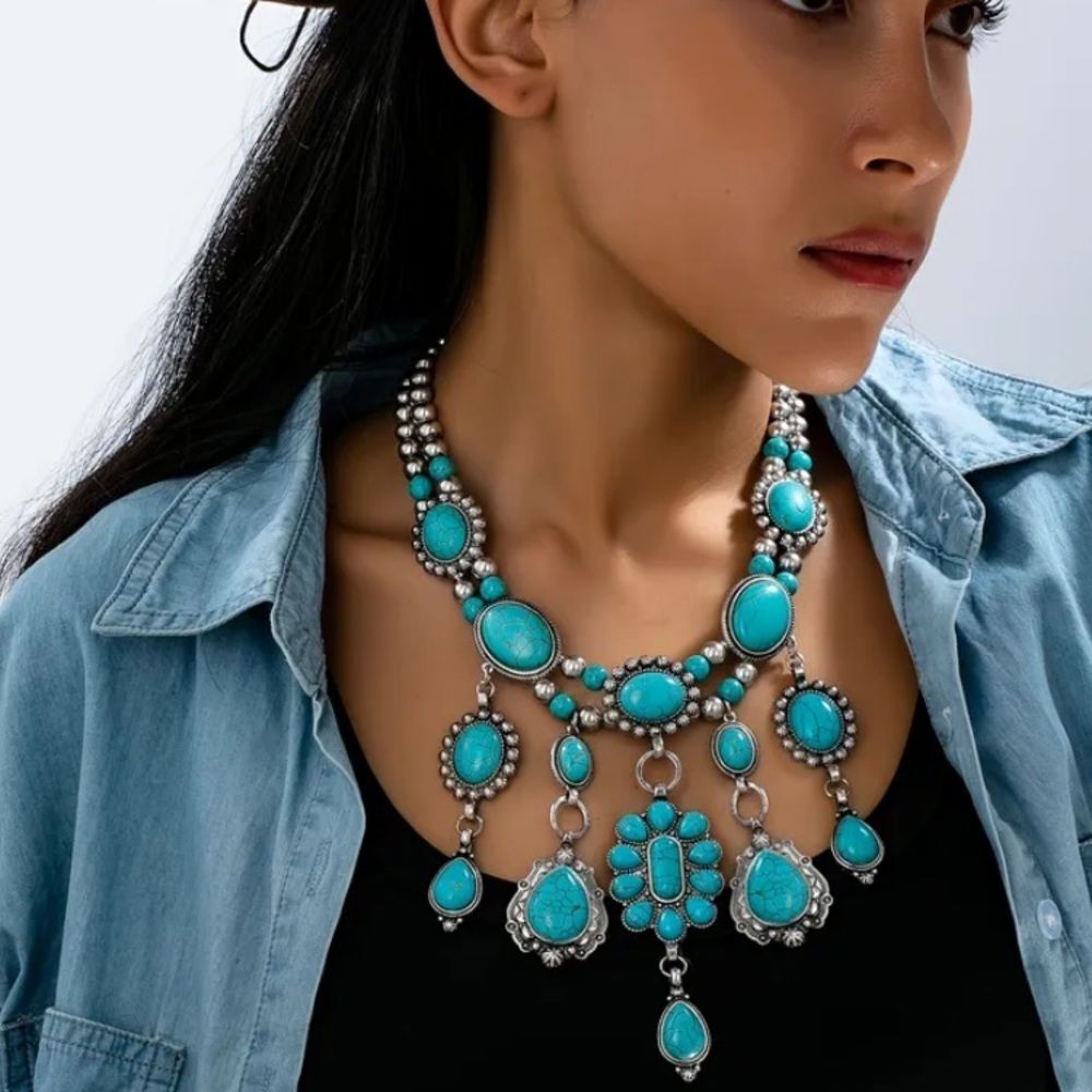 Bohemian Western Vintage Turquoise Geometric Statement Necklace